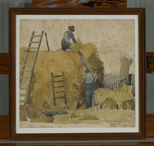 Akvarel: To mænd arbejder med at stakke halm